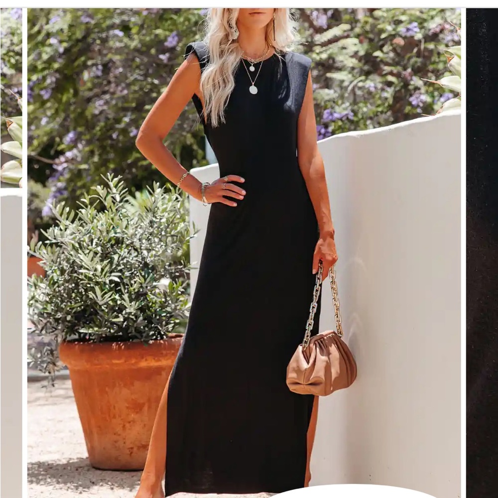 Teagan Padded Shoulder Knit Maxi Dress - Black